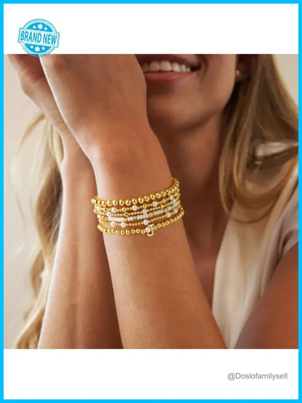 18K Gold Plated Beaded Initial Bracelet Set 6PCS Stackable Stretch Bracelets